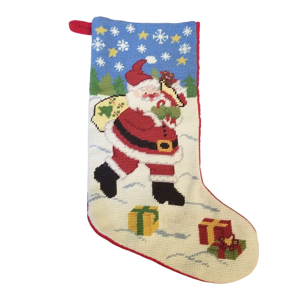 Needlepoint Christmas Stocking Santa Winter Snow Gifts Holiday Decor Retro